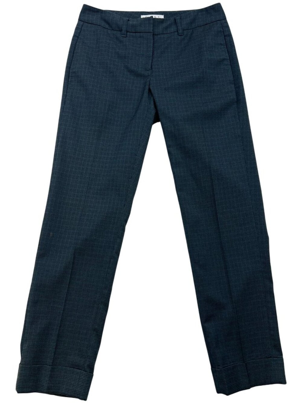 CAbi Women's Rayon Dress Pants Flat Front Size 2 Dark Teal Houndstooth Pockets